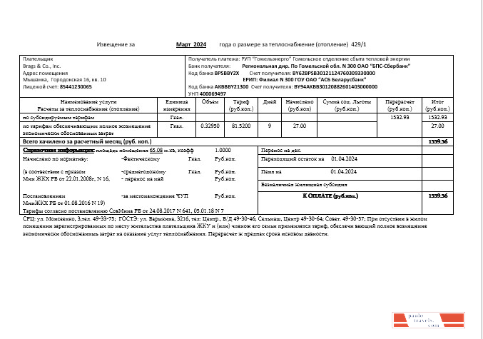 Belarus Gomel energo business utility bill template in .doc and .pdf format, fully editable PSD template